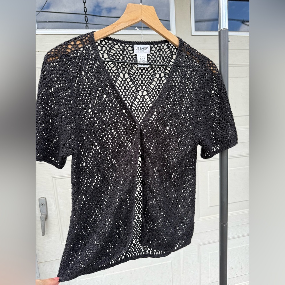 Vintage black Liz Baker short sleeve knit cardigan women’s petite medium
